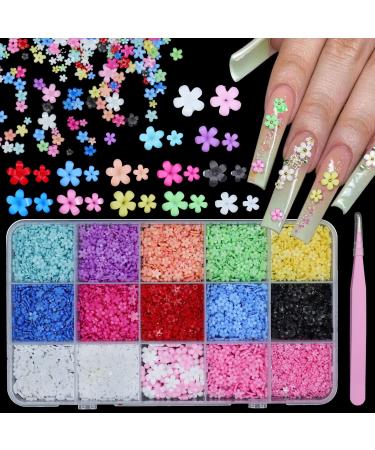 3D Color Tiny Flowers Charms for Nails Acrylic Spring Blossom Tiny Flower Nail Art Charms with Metal Golden Caviar Beads for Nail Art DIY Manicure Jewel Accessories