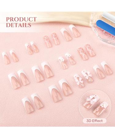 Press on Nails Medium Rhinestone - PITHER 24pcs Pink Fake Nails with 3D Flower Designs & Charms | Full Cover Square False Nails for Women and Girls - Buy Online on GoSupps.com