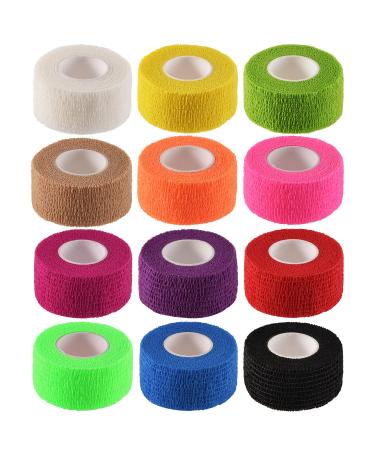 12 Pieces Self Adhesive Bandage Wrap Tape Stretch Self Adherent Cohesive Toe Tape for Sports, Wrist, Ankle, 5 Yards Each (12 Colors, 1 Inch)
