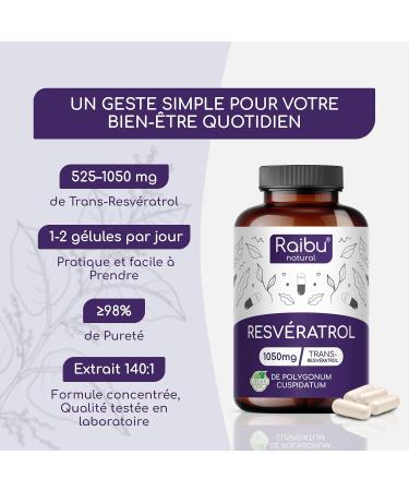 Resv ratrol 1050 mg de Trans Resveratrol Pur (98%) par dose quotidienne - Antioxydant Puissant - Extrait 140:1 60 G lules - Absorption Optimis e avec Pip rine - V g talien Sans Additifs - Buy Online on GoSupps.com