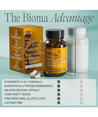 BIOMA Probiotics for Digestive Health 10 Billion CFU - 5-in-1 Gut Health Supplement with Prebiotics & Enzymes - Bloating Relief for Women & Men - Delayed Release (60 Capsules - 30 Day Supply) - Buy Online on GoSupps.com