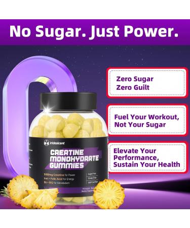 IRIDESICENT Creatine Monohydrate Gummies 5000mg w/Iron Vitamin B6 & B12 Sugar Free 5g Creatine Supplements for Women - 90 Pineapple Gummies - Buy Online on GoSupps.com