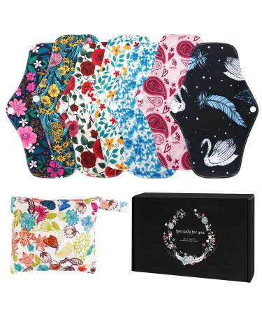 Reusable Menstrual Pads, Bamboo Cloth Pads for Heavy Flow with Wet Bag, Large Sanitary Pads Set with Wings for Women, Washable Overnight Cloth Panty Liners Period Pads (7 in 1, 25.4cm 4 Layers) Colorful-a