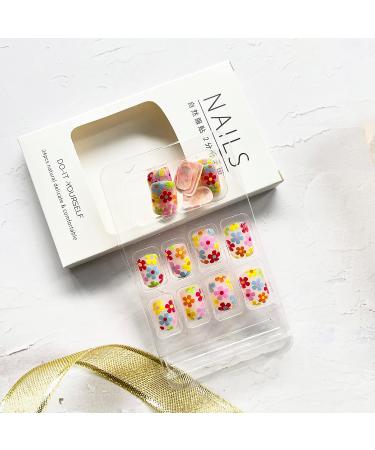 24Pcs Colorful Flower Square Press on Nails - Cute Floral Designs, Reusable Artificial Nails - Style 10 - Buy Online on GoSupps.com