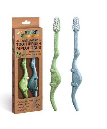 ROARex Vegan Eco Friendly Natural Dinosaurs Inspired Kids Toothbrush Made from Plants | 100% Biodegradable and Compostable | 1% for The Planet Product, Green/Blue, Pack of 2 2 Count (Pack of 1) Green/Blue