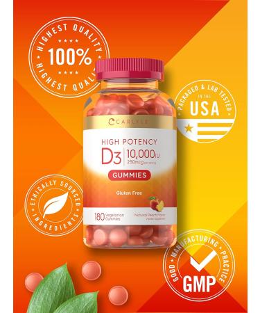 Carlyle Vitamin D3 Gummies 10000 IU 180 Count - Vegetarian Non-GMO | Gluten Free Peach Flavored Supplement - Buy Online on GoSupps.com