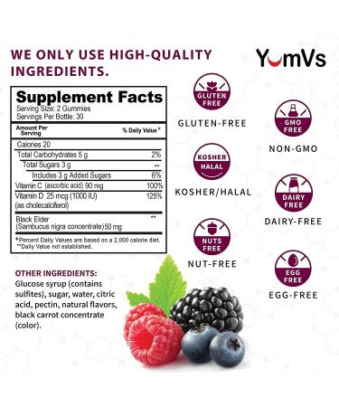 YumV's Elderberry Gummies with Vitamin C & D - 60 Berry Flavor Immunity Support - Buy Online on GoSupps.com