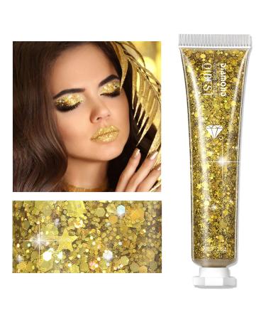 Body Glitter Gel  Eye Face Glitter Makeup Sequins Liquid Nail Glitter Eyeshadow  Cosmetic Laser Powder for Christmas Party Rave Accessories Chunky Glitter Gel for Lip Hair Makeup Gold