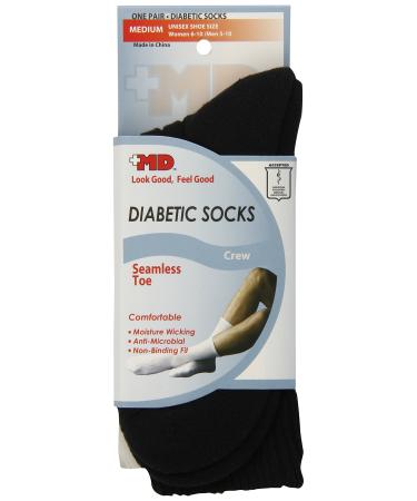 MD USA Seamless Toe-Wave-In Mesh Diabetic Crew Socks Black Medium