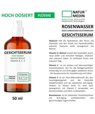 Buy Natural Rose Water Facial Serum 50ml - Edible Hyaluronic Acid Vitamins A C E & Retinol - 100% Natural in Spray Glass Bottle | Natural Medin  - Buy Online on GoSupps.com
