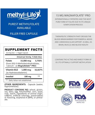 Methyl-Life Pure L-Methylfolate 15mg Plus - Professional Strength Folate & B12 Supplement - 30 Capsules - Buy Online on GoSupps.com