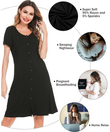 Lovasy Women's Button Down Maternity Nightdress with Pockets - Soft Nighties for Nursing Labor - Black S - Buy Online on GoSupps.com