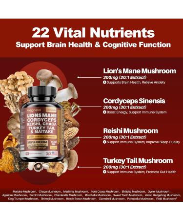 MEGNETA 22 in 1 Multi Mushrooms Capsules Lions Mane Cordyceps Sinensis Reishi Mushroom Turkey Tail Mushroom (1 Pack 60 Count) - Buy Online on GoSupps.com