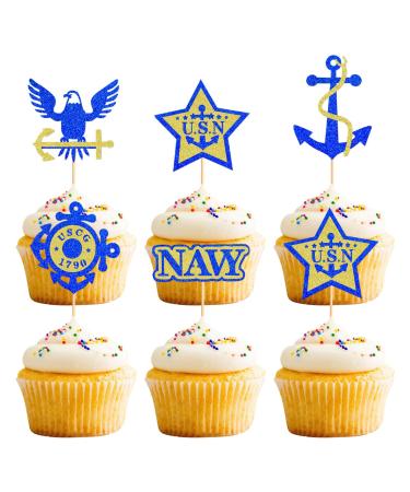 Keaziu 24PCS Military Themed Cupcake Toppers Navy Military Themed Retired Cupcake Picks Navy Bound Themed Cupcake Decorations Retirement Army Birthday Party Cake Decorations Supplies Navy Blue 2