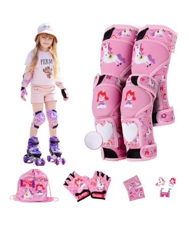 BAZPO Kids Knee Pads and Elbow Pads Set | Glow in The Dark Elbow and Knee Pads Kids 3-5 Years | Reflective Skateboard, Roller Skate and Bike Knee Pads For Girls | Princess - Unicorn Guards (S-Size) Small Princess-Unicorn