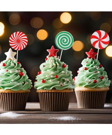 Whaline 24Pcs Christmas Cupcake Toppers Red Green Glitter Xmas Peppermint Candy Cupcake Picks for Xmas Holiday New Year Gathering Celebration Birthday Party Cake Decoration Supplies 8 Styles - Buy Online on GoSupps.com