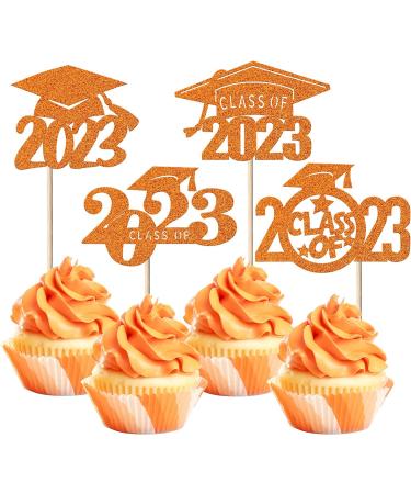Pack of 36 2023 Cake Decorations Glitter Class of 2023 Congrats Grade Cap Cupcake Toppers Graduation Cake Decoration for Graduation Theme School Boys Girls Graduate Party Cake Decorations Orange Orange 36 Pieces