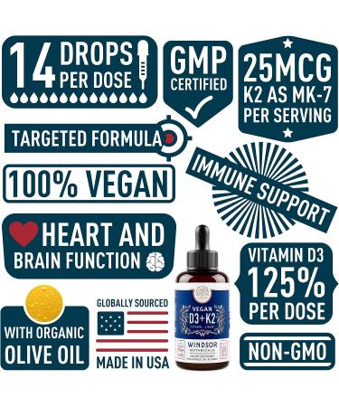 WINDSOR BOTANICALS Vitamin D3 K2 Liquid Supplement - Vegan, Heart & Immune Support - D3 1000iu, K2 MK-7 25mcg, Organic Olive Oil Drops - 90 Servings - Buy Online on GoSupps.com