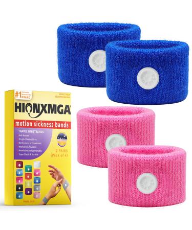 Motion Sickness Bands/Acupressure Nausea Wristband for Nausea Sea Sickness Wristbands for Natural Relief of Morning Sickness Dizziness Anxiety Motion Sickness(Car Sea Flying Travel Sickness) N-blue+pink 2 Pair