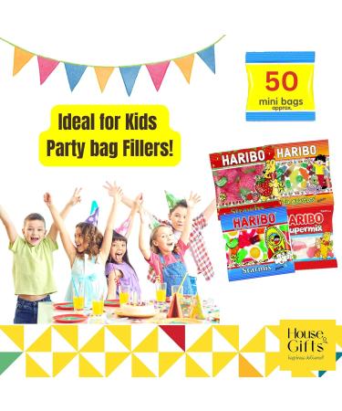 Haribo Sweets Hamper Gift Box - 50 Mini Bags | Supermix, Starmix, Tangfastic, Strawbs | Kids Party Bag Fillers - Buy Online on GoSupps.com