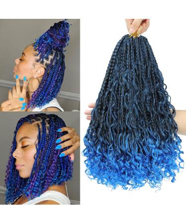 Boho Box Braids Crochet Hair 14 inch 8 Packs Blue Box Braid Crochet Hair with Curly Ends Goddess Box Braids Crochet Hair Extensions for Black Women(14" 8 Packs, T1B/Blue#) 14 Inch(pack of 8) T1B/Blue#