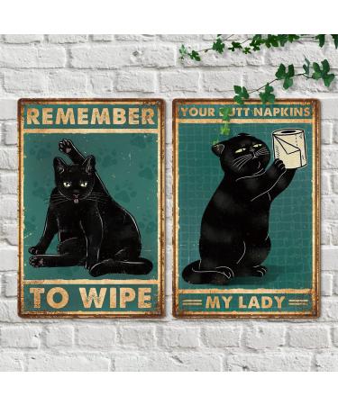 Vintage Funny Black Cat Signs, Duplex Printed Retro Bathroom Signs Home Wall Decor, Cat Poster for Restroom, Washroom, Toilet, Ideal Gift for Cat Lovers 8x12 Inches, 2PCS