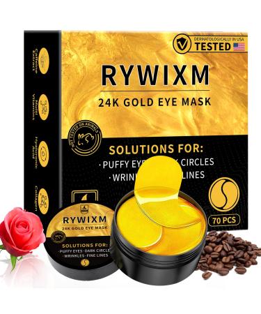 24K Gold Eye Masks for Dark Circles and Puffiness 70PCS Under Eye Patches for Puffy Eyes Treatment Under Eye Mask w/Caffeine Hyaluronic Acid Peptides for Eye Bags Treatment Eye Mask Skincare 7.04 Ounce (Pack of 1) Gold