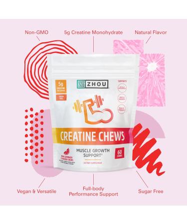 Zhou Nutrition Sugar-Free Creatine Monohydrate Chewables 5g - Organic Non-GMO Pink Lemonade Gummies for Men & Women | 60 Count - Buy Online on GoSupps.com
