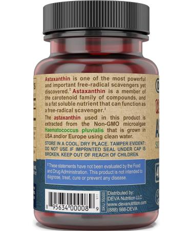 Deva Nutrition Vitamins Astaxanthin 4mg Vegan Made from Haematococcus Pluvialis Microalgae 30 Capsules 1-Pack - Buy Online on GoSupps.com