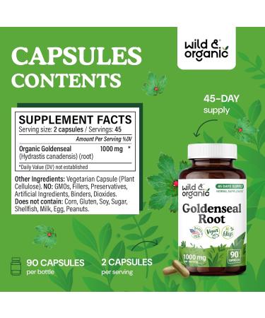 Wild & Organic Goldenseal Root Capsules 1000mg - Immune & Lung Support - 90 Goldenseal Root Powder Capsules - 45 Days Supply - Vegan No Fillers Non-GMO 90 Count (Pack of 1) - Buy Online on GoSupps.com