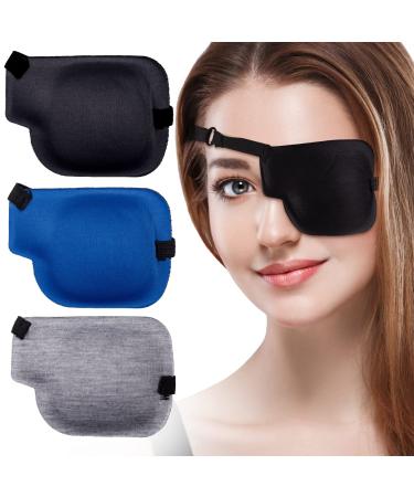 PAGOW 3Pcs 3D Eye Patches for Adults, Adjustable Eyepatch for Lazy Eye,Large Black,Grey,Blue (Left Eye)
