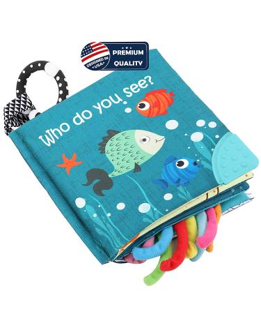 Fish Soft Cloth Book for Babies and Toddlers - Shark Tails Crinkle Toy with Teether Ring - Ocean Animal Early Education Activity Book - Buy Online on GoSupps.com