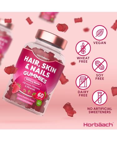 Hair Skin and Nails Vitamins | 5000 g Biotin Zinc Vitamin C E & More! 60 Vegan Gummies | Supplement for Women and Men | by Horbaach - Buy Online on GoSupps.com