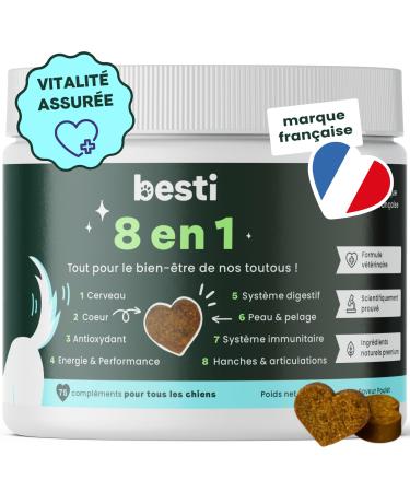BESTI - 8 in 1 | 75 Premium Multi-VIT Food Supplements for Dogs | Vitality Probiotics Joints Coat Heart Brain | French Brand - Veterinary Formula | With Chicken | 300gr
