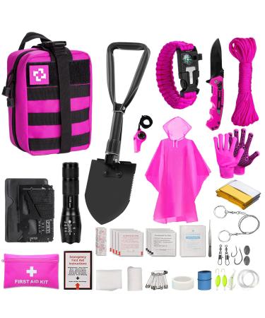 Pink Survival Kit for Women, Camping and Hiking Essentials with First aid kit, Survival Emergency Gear and Equipment with Molle Pouch, Women's Self Defense Bug Out Bag