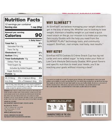 SlimFast Low Carb Chocolate Snacks: Keto Cookies & Cream Cup - 12 Count | 0g Added Sugar, 4g Fiber | Weight Loss Friendly - Buy Online on GoSupps.com