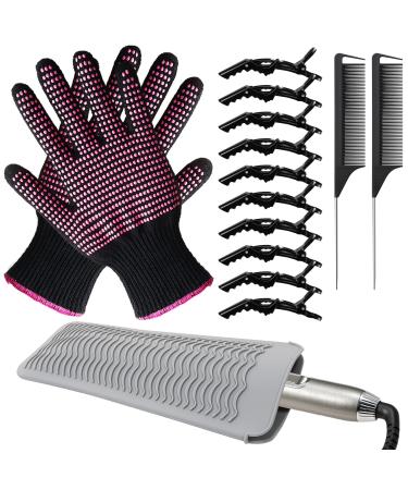 Heat Styling Gloves with Silicone Bumps 2 Curling Iron Gloves Heat Resistant Mat 10 Hair Clips and Comb
