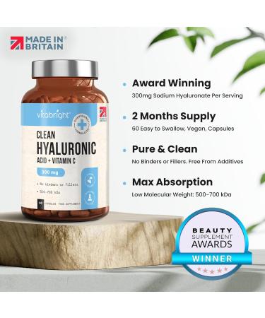 Hyaluronic Acid Supplements 300mg with Vitamin C | Pure Hyaluronic Acid Capsules | NO Additives | Strong Tablets - VitaBright Nutritional Supplements - Buy Online on GoSupps.com