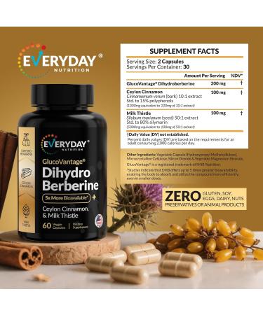 EVERYDAY NUTRITION Dihydroberberine GlucoVantage 200mg | Highly Bioavailable Berberine Supplement with Ceylon Cinnamon & Milk Thistle | Non-GMO | 60 Veggie Capsules - Buy Online on GoSupps.com