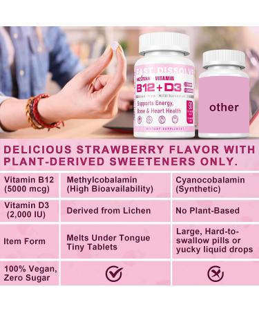 Vegan Strawberry Flavor Sugar-Free Vitamin B12 Methylcobalamin 5000 mcg + D3 2000 IU Sublingual Tablets - Energy Boost & Heart Health Support - 180 Tablets - Buy Online on GoSupps.com