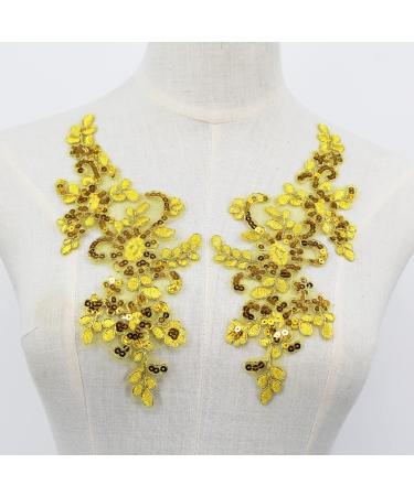 SEMCICOR Pair of Embroidery Sequin Lace Patches Sew On Appliques for Wedding Dress Clothes Dress Hat Jeans Sewing Applique gold
