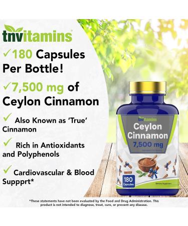 tnvitamins Ceylon Cinnamon 180 Capsules: Equivalent to 7 500 mg Per Serving | High Potency Ceylon Cinnamon Powder Pills for Women & Men - Buy Online on GoSupps.com