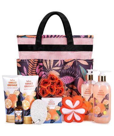 Gift Baskets for Women, Gift Set for Women-BFFLOVE Sweet Orange Spa Bath Gifts, 10 Pc Bath Spa Kit Includes Bath Salt, Massage Oil, Bubble Bath, Spa Tote Bag. Best Women Gifts for Birthday & Party