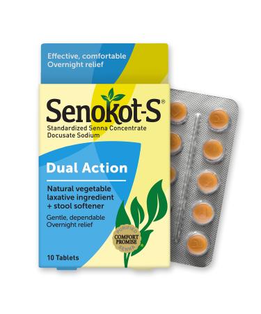 Senokot-S Dual Action Natural Vegetable Laxative Ingredient Plus Stool Softener Tablets Docusate Sodium Senna Concentrate Gentle Overnight Relief From Occasional Constipation 10 ct