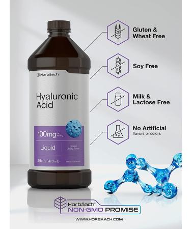 Hydrate & Nourish with Liquid Hyaluronic Acid Supplement | 100 mg | 16 oz | Cherry Flavor | Non-GMO & Gluten-Free | Horbaach - Buy Online on GoSupps.com