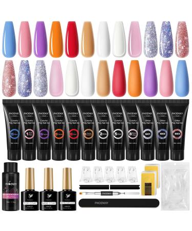 Poly Nail Gel Kit  Phoenixy 12 Colors Extension Gel Nail Set with Nude White Clear Pink Purple Blue Orange Glitter Nail Extension Gel Enhancement Builder Nail Gel Starter Gift Kit Passionate
