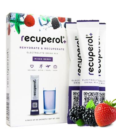 Recuperol Rehydration & Recovery Electrolytes Powder Supplement for Dehydration Replace Electrolytes (Mineral Salts) & fluids Zinc Vitamin C B12 D3 Potassium Mixed Berry - 6 Sachets