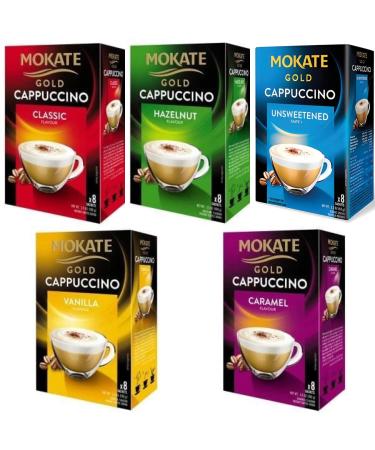 Mokate Gold Cappuccino Selection of 5 flavours Caramel Classic Hazelnut Vanilla Unsweetened 5x 8 Sachets