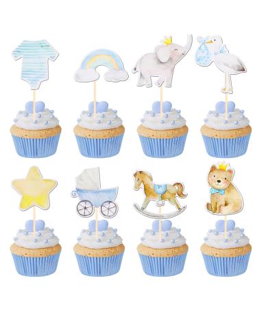 Rsstarxi 40 Pack Baby Shower Bear Cupcake Toppers Elephant Jumpsuit Stroller Rainbow Cupcake Picks Gender Reveal Cake Decorations for Baby Shower Kids Boys Birthday Party Decorations Design 2 Boy