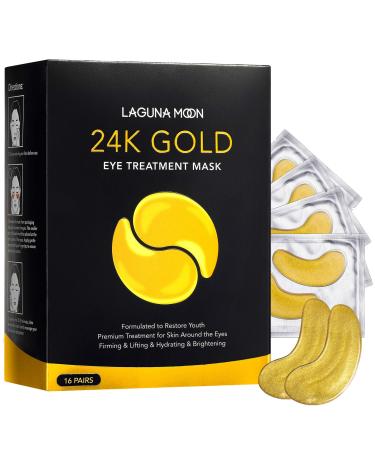 24K Gold Eye Mask Anti-Aging Hydrolyzed Collagen and Hyaluronic Acid Under Eye Patches for Puffy Eyes & Bags Dark Circles and Wrinkles 16 pairs